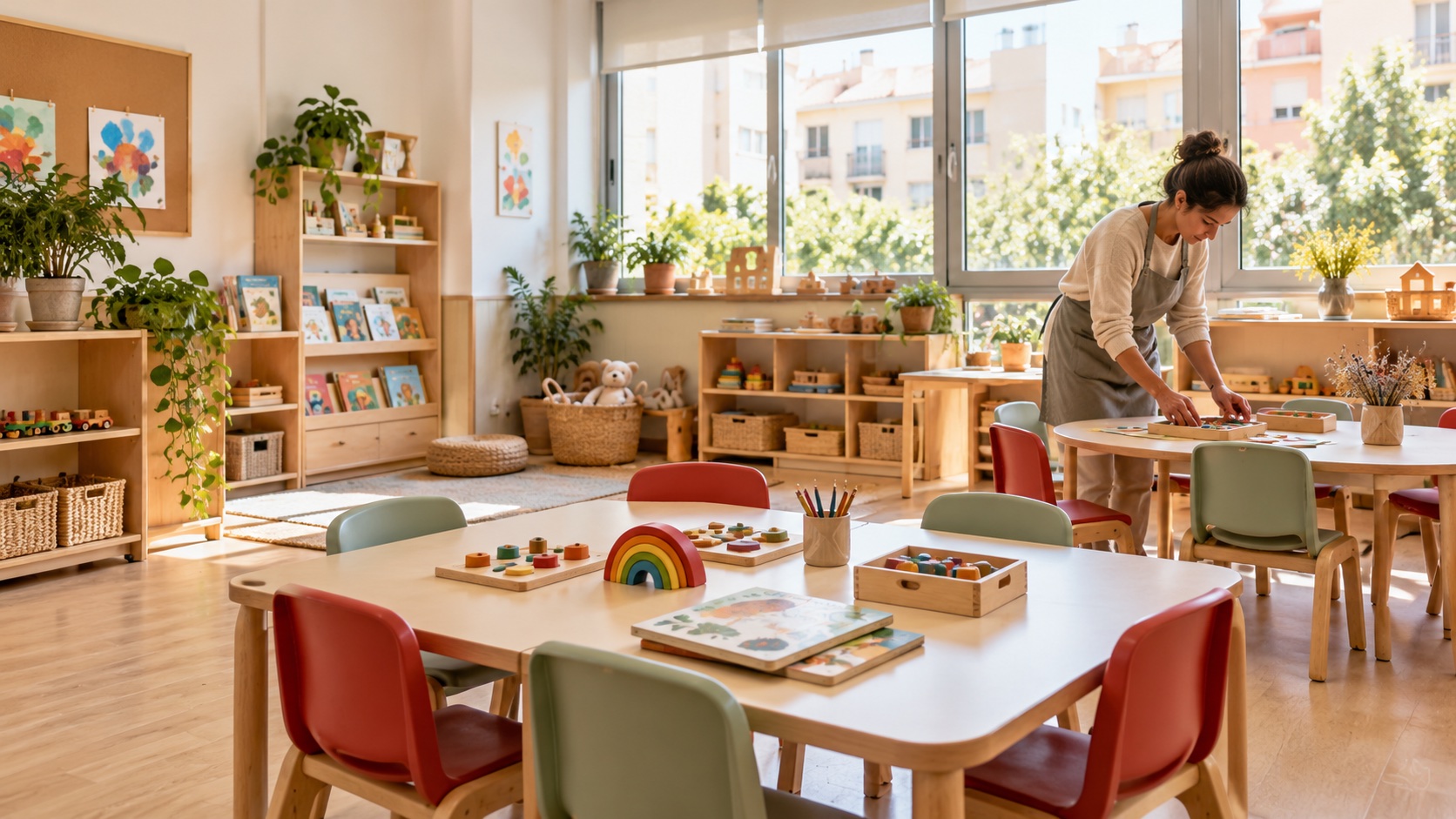 Aula infantil con mesas y materiales educativos